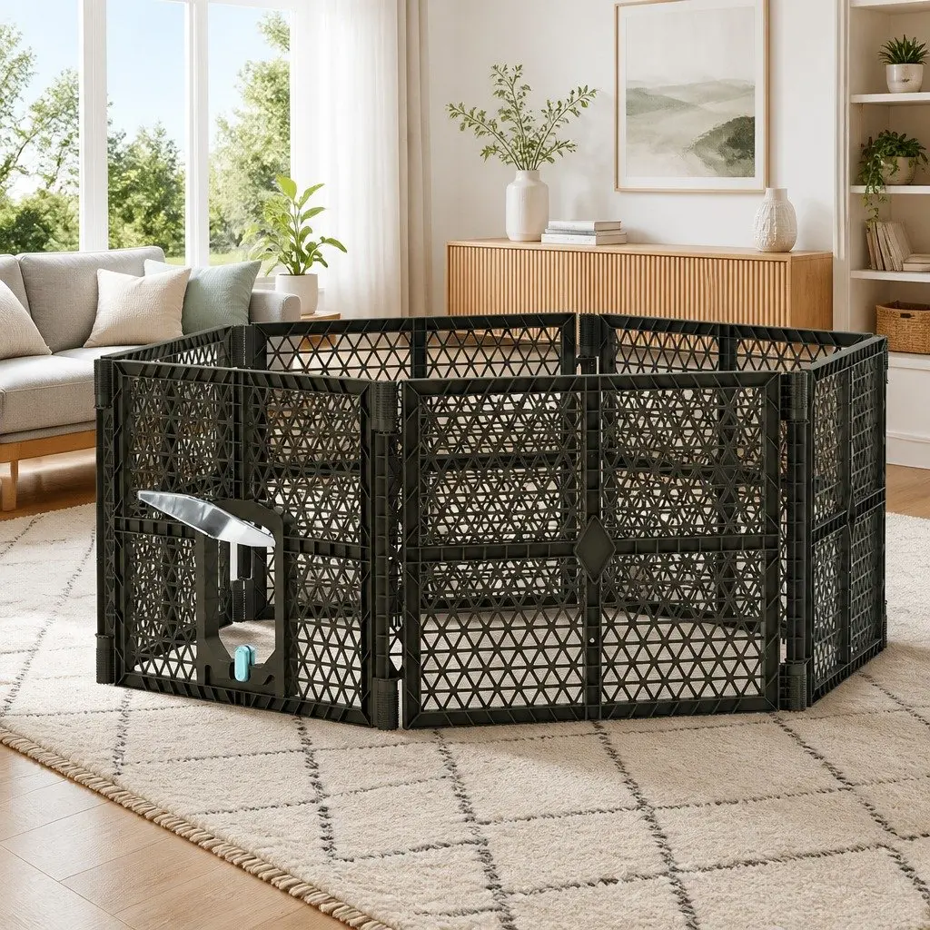 Dog Playpen Enclosure 6 Panel Pet Fence Plastic Play Pen Brown Foldable