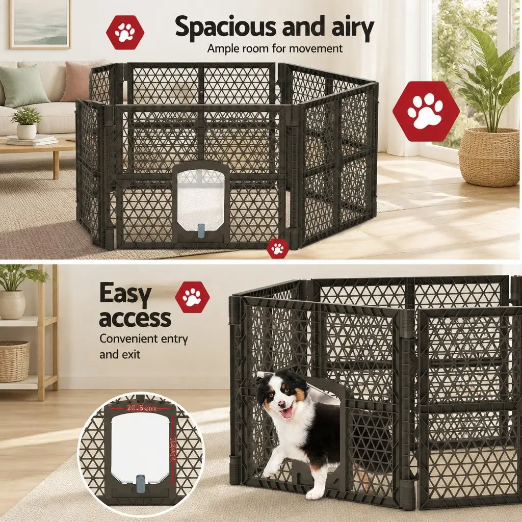 Dog Playpen Enclosure 6 Panel Pet Fence Plastic Play Pen Brown Foldable