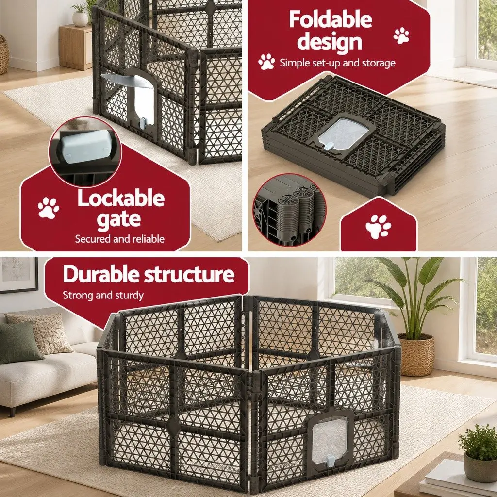 Dog Playpen Enclosure 6 Panel Pet Fence Plastic Play Pen Brown Foldable