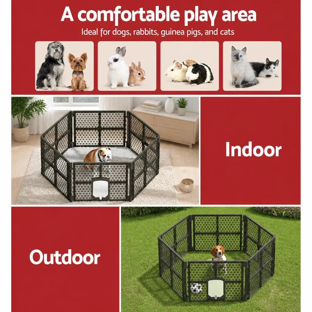Dog Playpen Enclosure 6 Panel Pet Fence Plastic Play Pen Brown Foldable