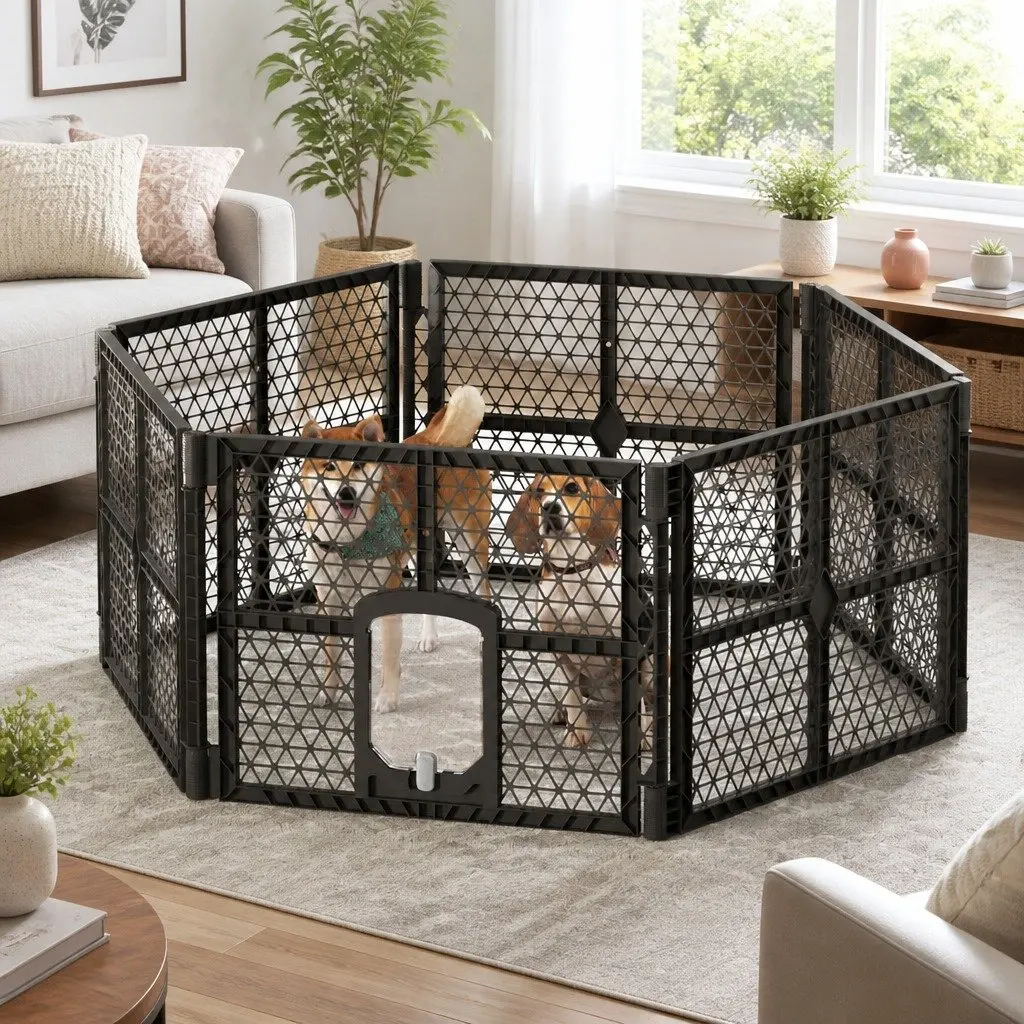 Dog Playpen Enclosure 6 Panel Pet Fence Plastic Play Pen Brown Foldable