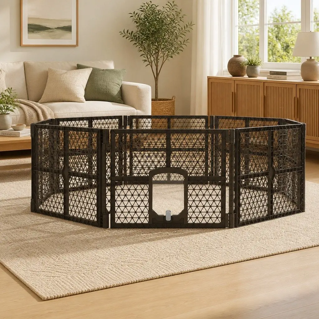 8 Panel Foldable Plastic Dog Playpen Enclosure Brown