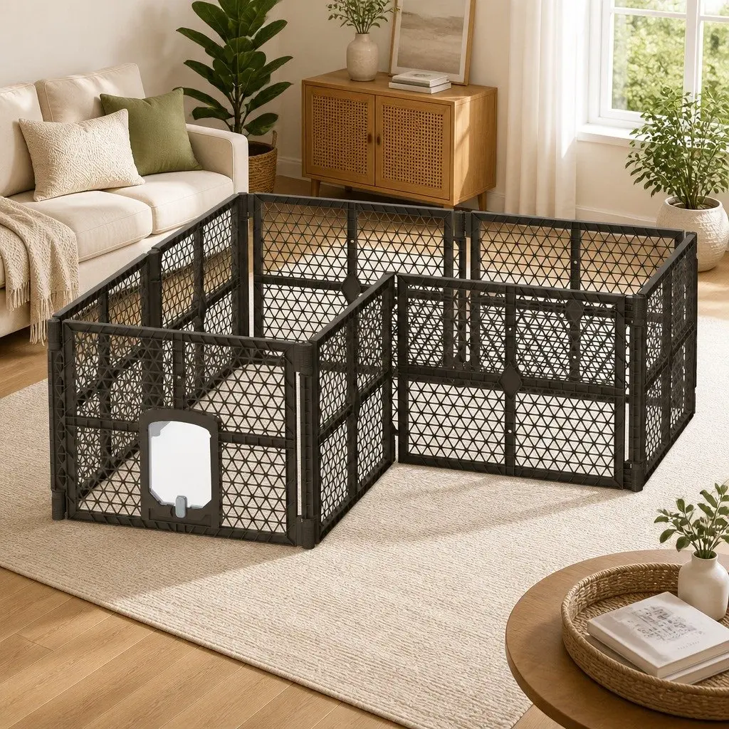 8 Panel Foldable Plastic Dog Playpen Enclosure Brown