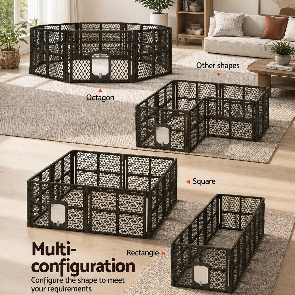 8 Panel Foldable Plastic Dog Playpen Enclosure Brown