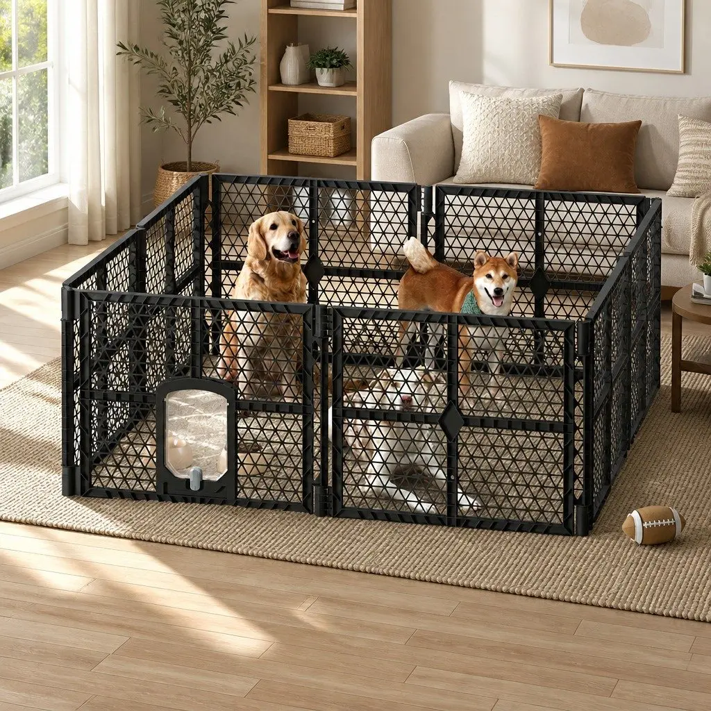 8 Panel Foldable Plastic Dog Playpen Enclosure Brown