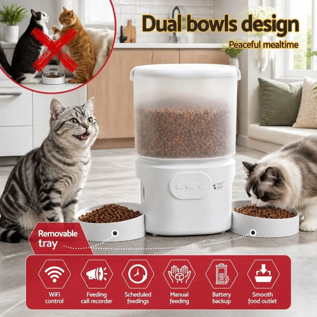 Automatic Dual Bowl Pet Feeder Smart Dispenser 5L WiFi APP Control for Cats Dogs