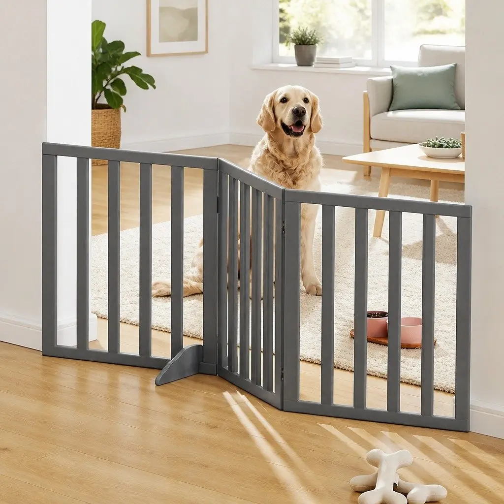 Dog Gate Playpen Enclosure 3 Panels Pet Door Fence Wooden Play Pen Grey Stair