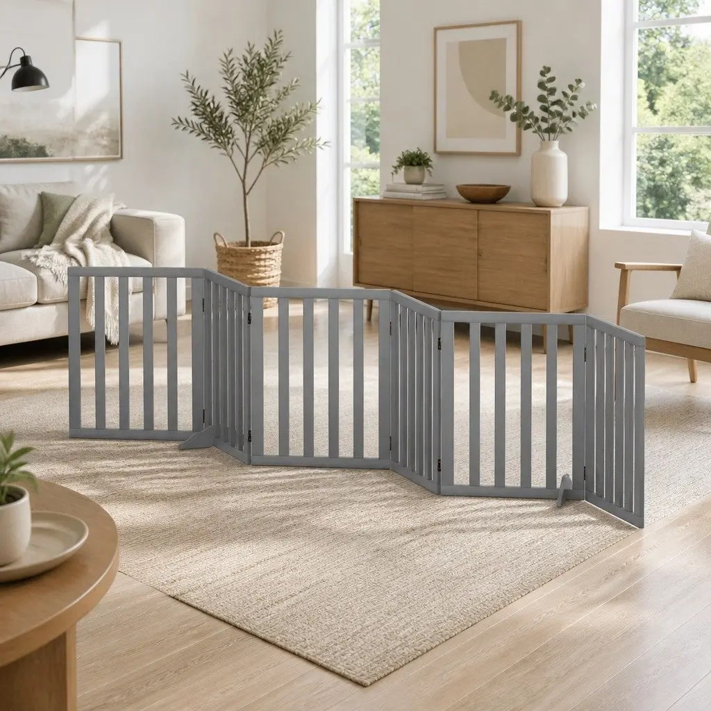 Dog Playpen Enclosure 6 Panel Pet Fence Wooden Play Pen Grey Foldable Gate