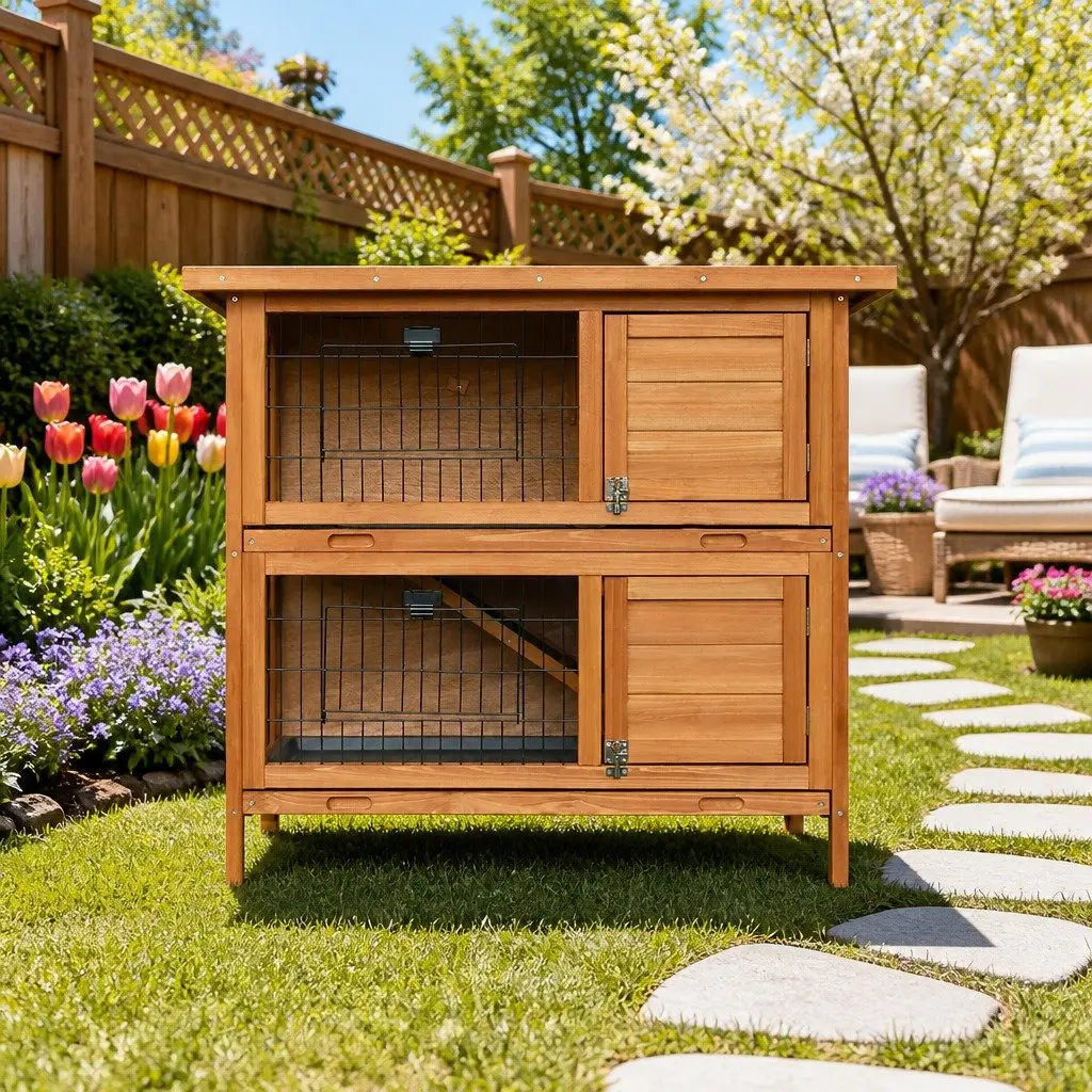Rabbit Hutch Large Wooden Double Tier Cage 91.5cm