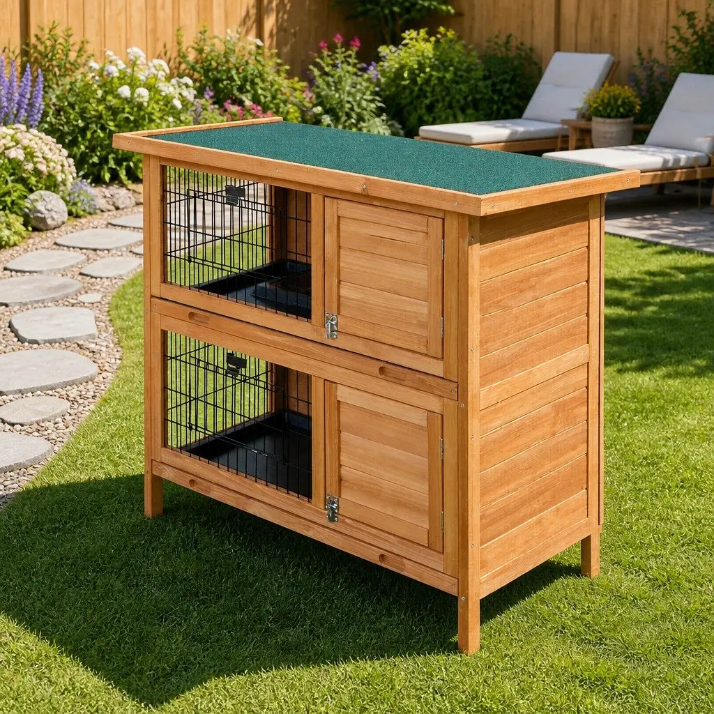 Rabbit Hutch Large Wooden Double Tier Cage 91.5cm