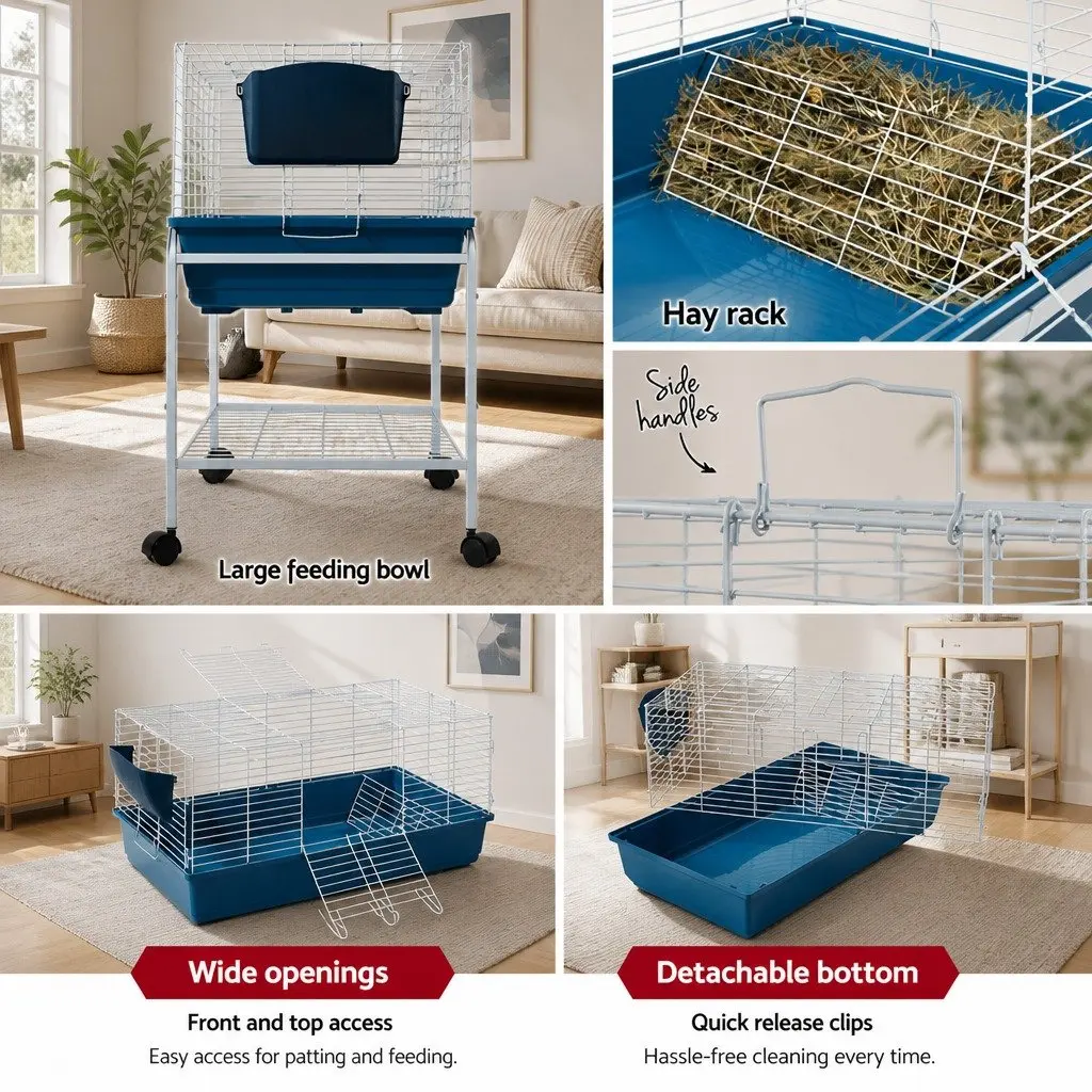 Small Animal Cage 106cm Heavy Duty Indoor Hutch with Stand and Castor Wheels for Rabbits Guinea Pigs and Chinchillas