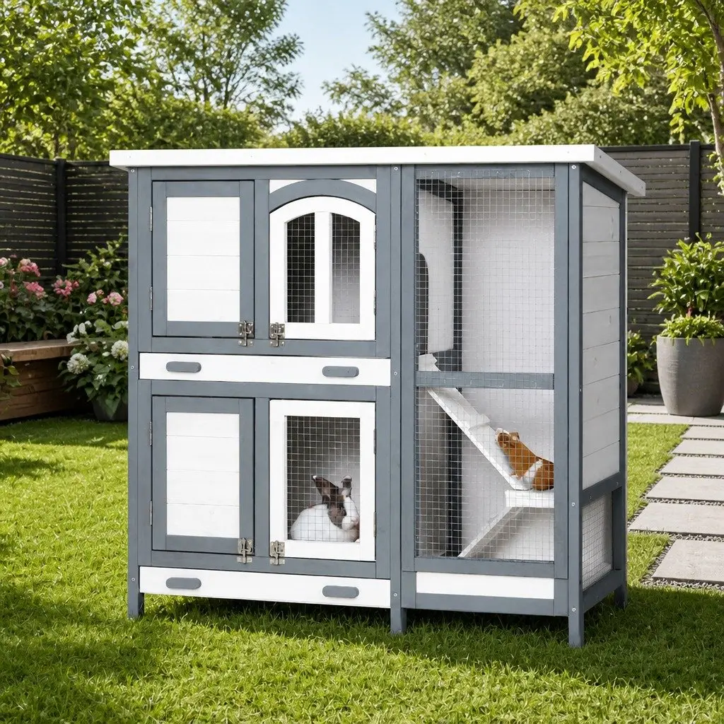 Rabbit Hutch Wooden House 98cm Large Outdoor Cage with Galvanised Mesh for Small Animals