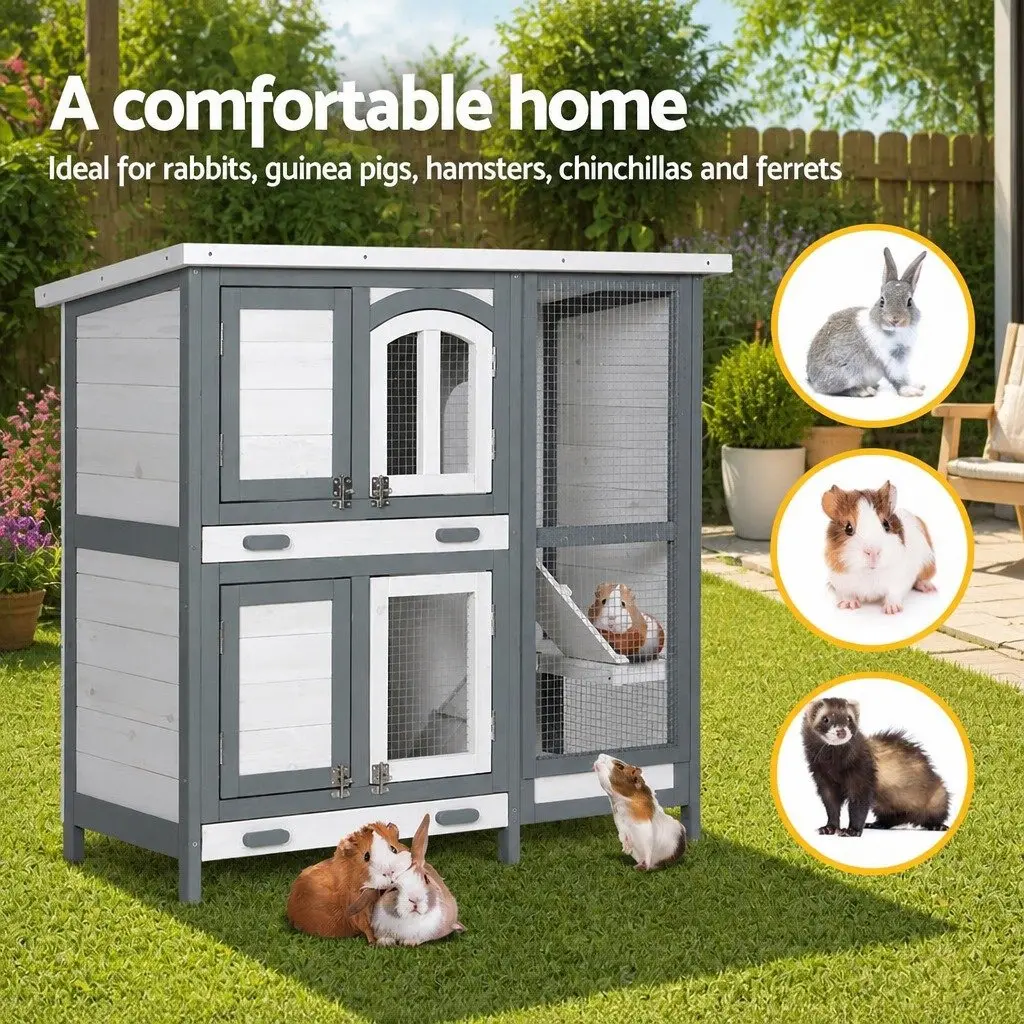 Rabbit Hutch Wooden House 98cm Large Outdoor Cage with Galvanised Mesh for Small Animals
