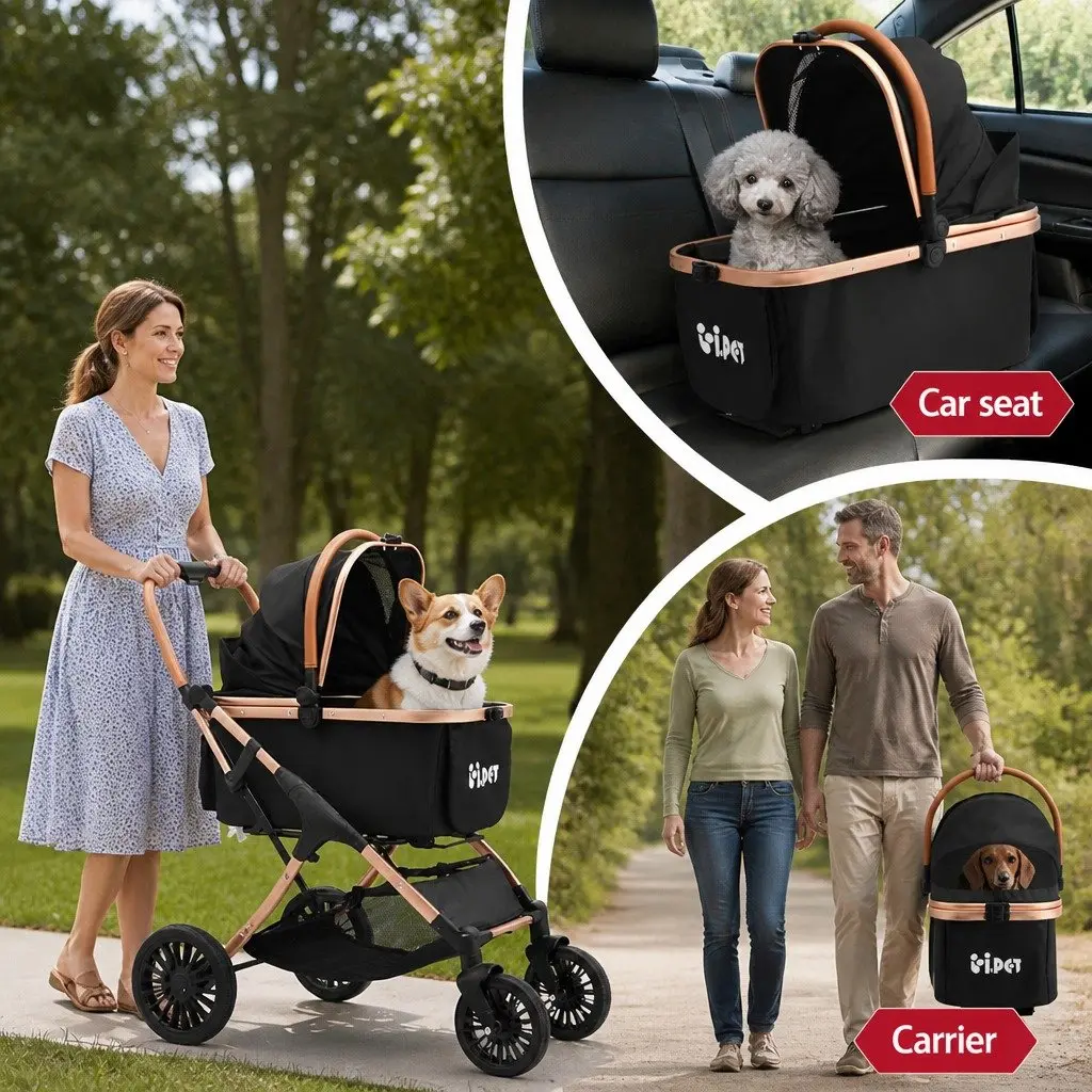 Pet Dog Stroller 3-in-1 Foldable Carrier Large Size Black