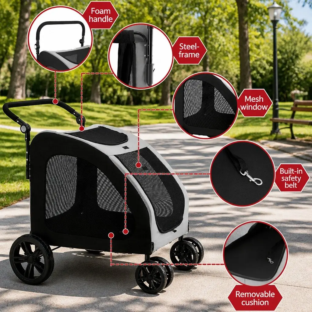 Pet Stroller Dog Pram Cat Carrier Travel Foldable 4 Wheels Trolley Spacious