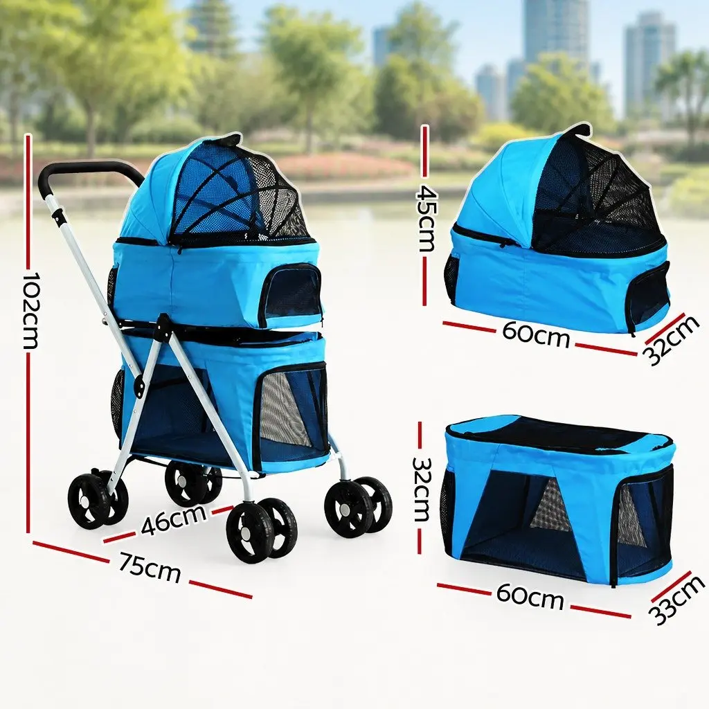 Pet Stroller Dog Pram Cat Carrier Travel 3-in-1 Foldable 4 Wheels Blue