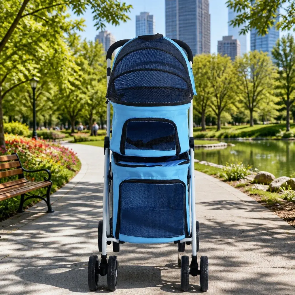 Pet Stroller Dog Pram Cat Carrier Travel 3-in-1 Foldable 4 Wheels Blue