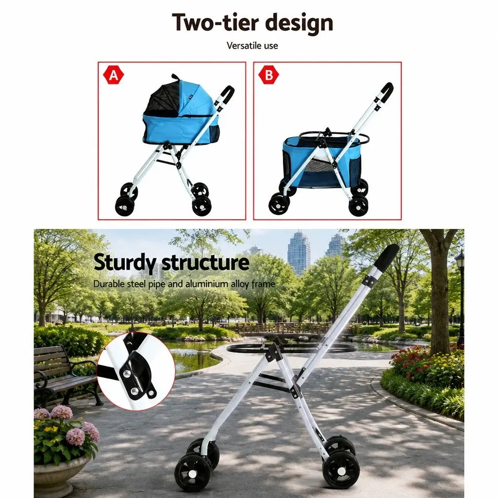 Pet Stroller Dog Pram Cat Carrier Travel 3-in-1 Foldable 4 Wheels Blue