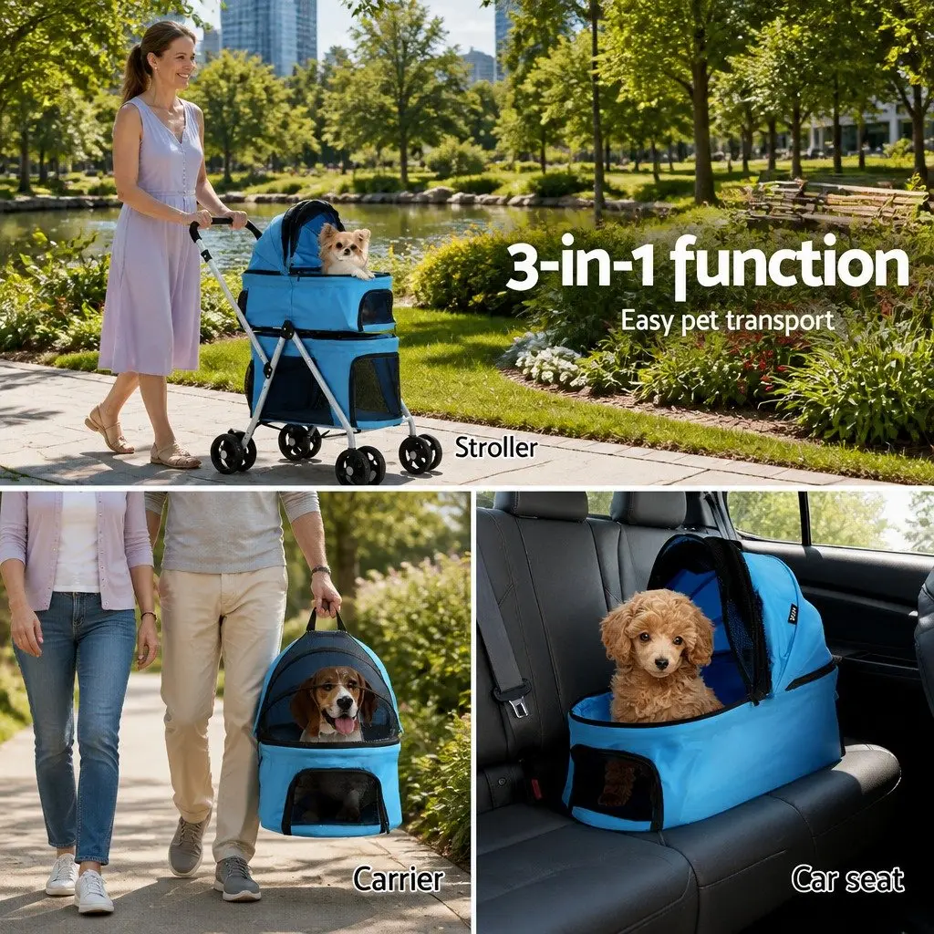 Pet Stroller Dog Pram Cat Carrier Travel 3-in-1 Foldable 4 Wheels Blue