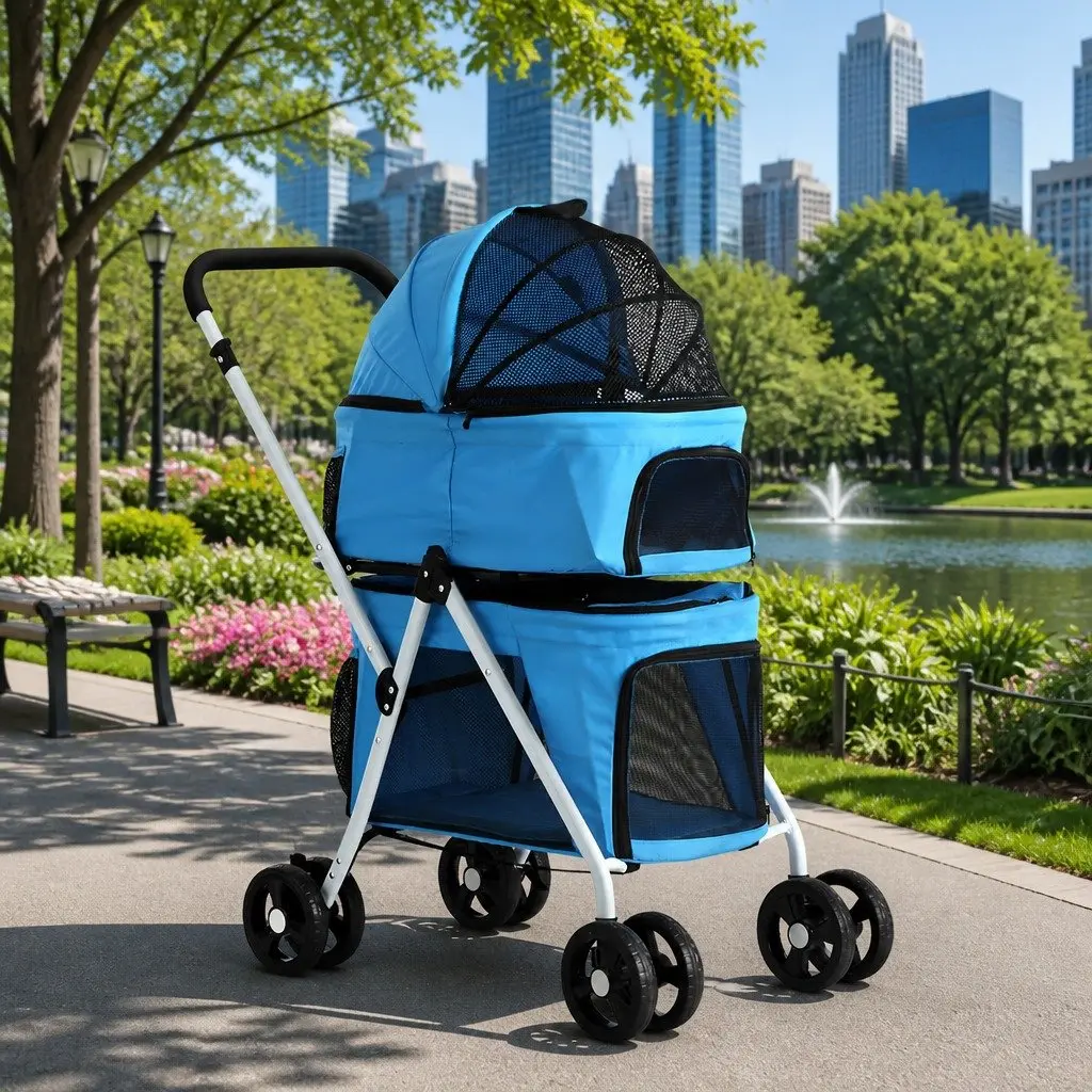 Pet Stroller Dog Pram Cat Carrier Travel 3-in-1 Foldable 4 Wheels Blue