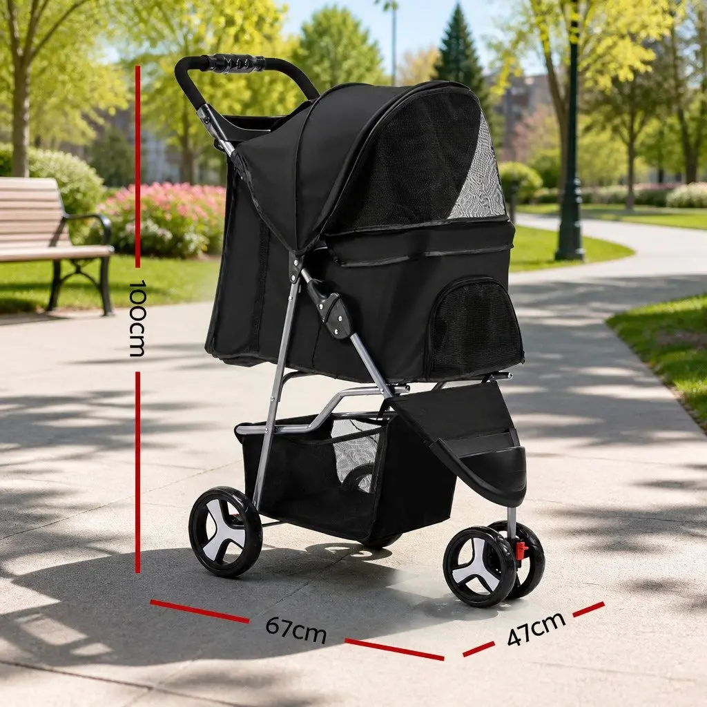 Pet Stroller Cat Carrier Dog Pram 3 Wheel Foldable Large Travel Pushchair Black