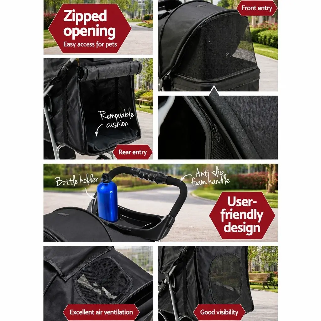 Pet Stroller Cat Carrier Dog Pram 3 Wheel Foldable Large Travel Pushchair Black