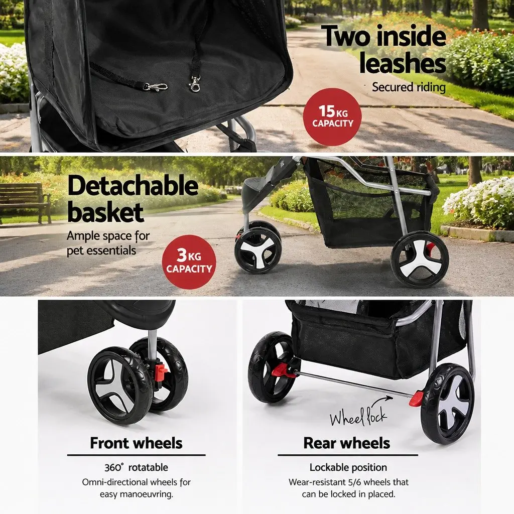 Pet Stroller Cat Carrier Dog Pram 3 Wheel Foldable Large Travel Pushchair Black