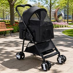 Pet Stroller Dog Cat Carrier Pram Travel Pushchair Foldable 4 Wheels Black