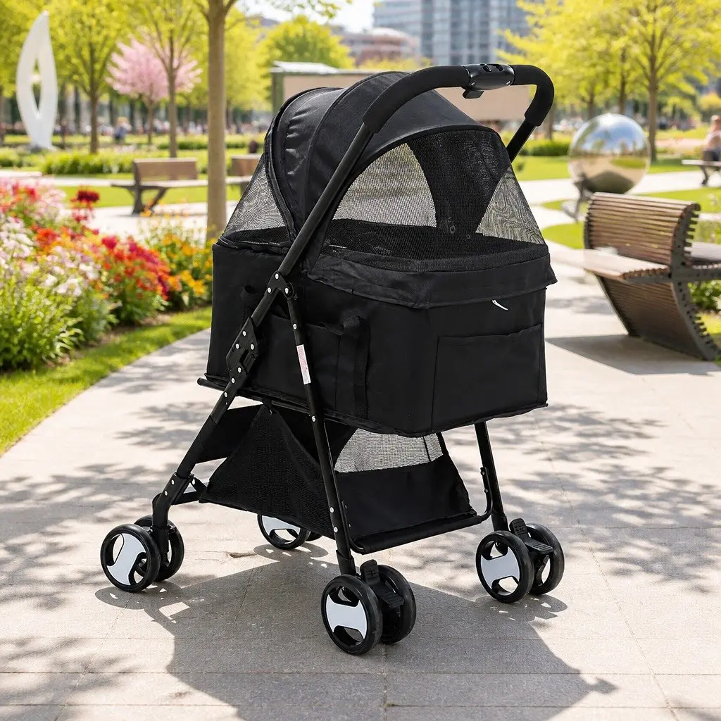 Pet Stroller 3-in-1 Foldable Carrier Travel Pushchair for Small Pets Black