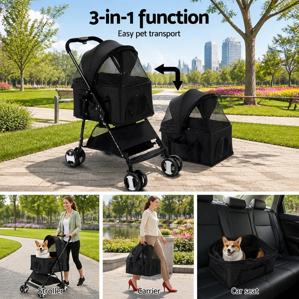 Pet Stroller 3-in-1 Foldable Carrier Travel Pushchair for Small Pets Black