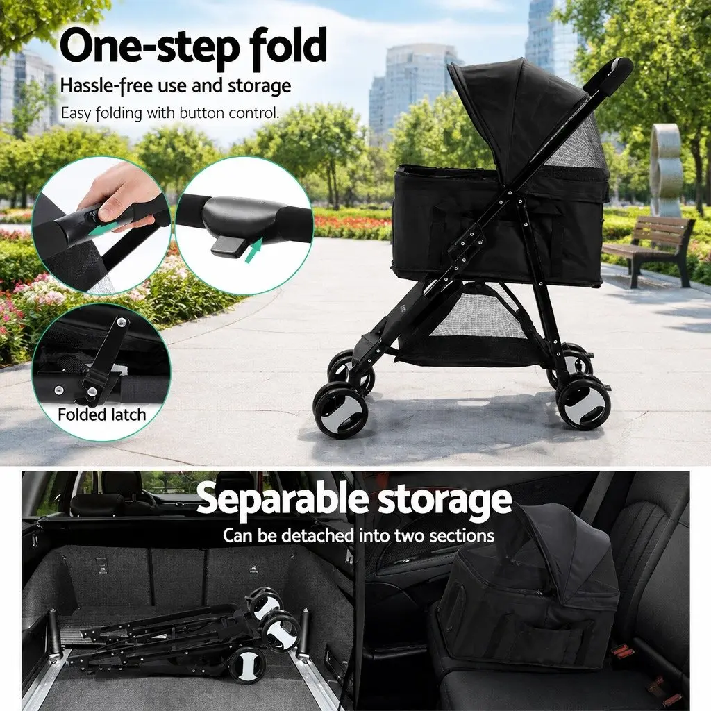 Pet Stroller 3-in-1 Foldable Carrier Travel Pushchair for Small Pets Black