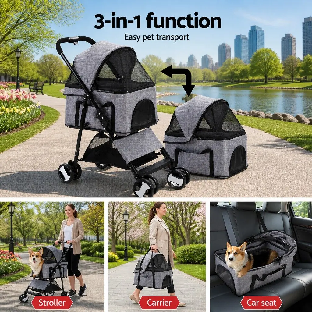 Pet Stroller Dog Pram Cat Carrier Travel Pushchair Foldable 4 Wheels Grey Large