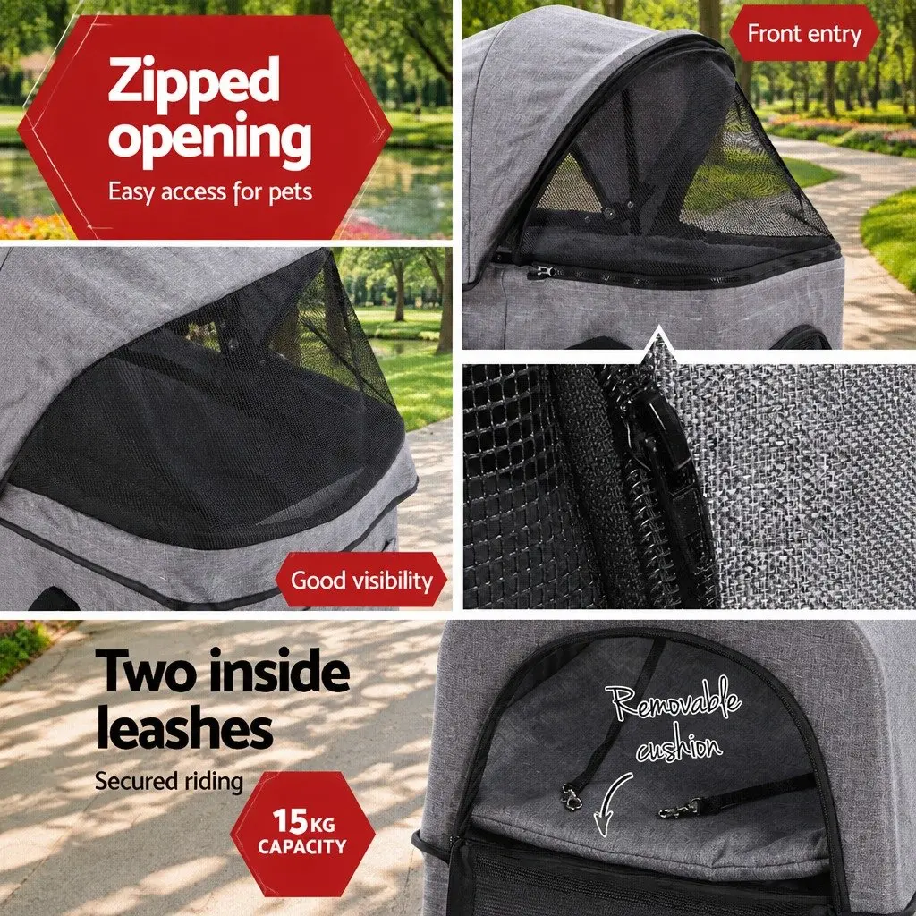 Pet Stroller Dog Pram Cat Carrier Travel Pushchair Foldable 4 Wheels Grey Large