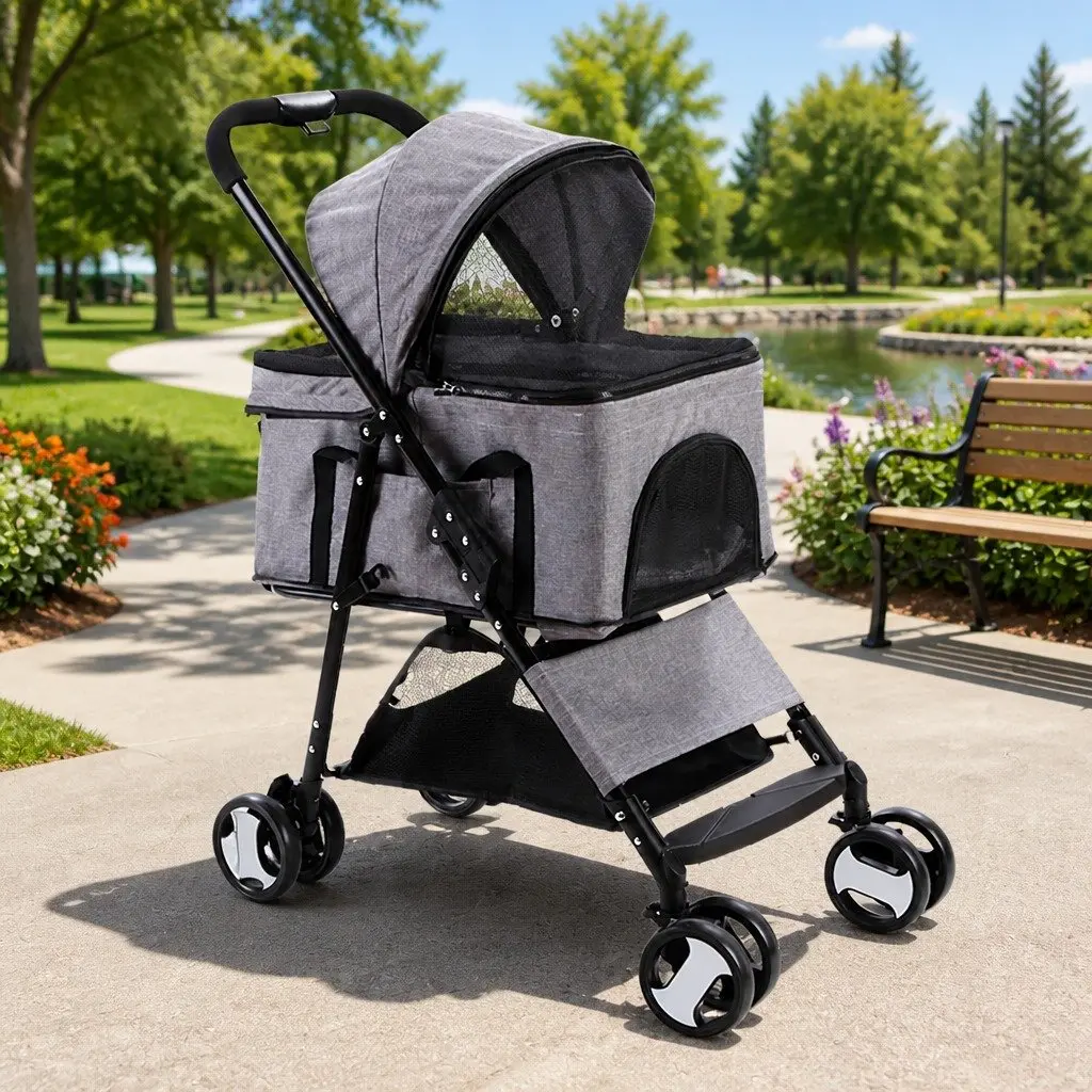 Pet Stroller Dog Pram Cat Carrier Travel Pushchair Foldable 4 Wheels Grey Large
