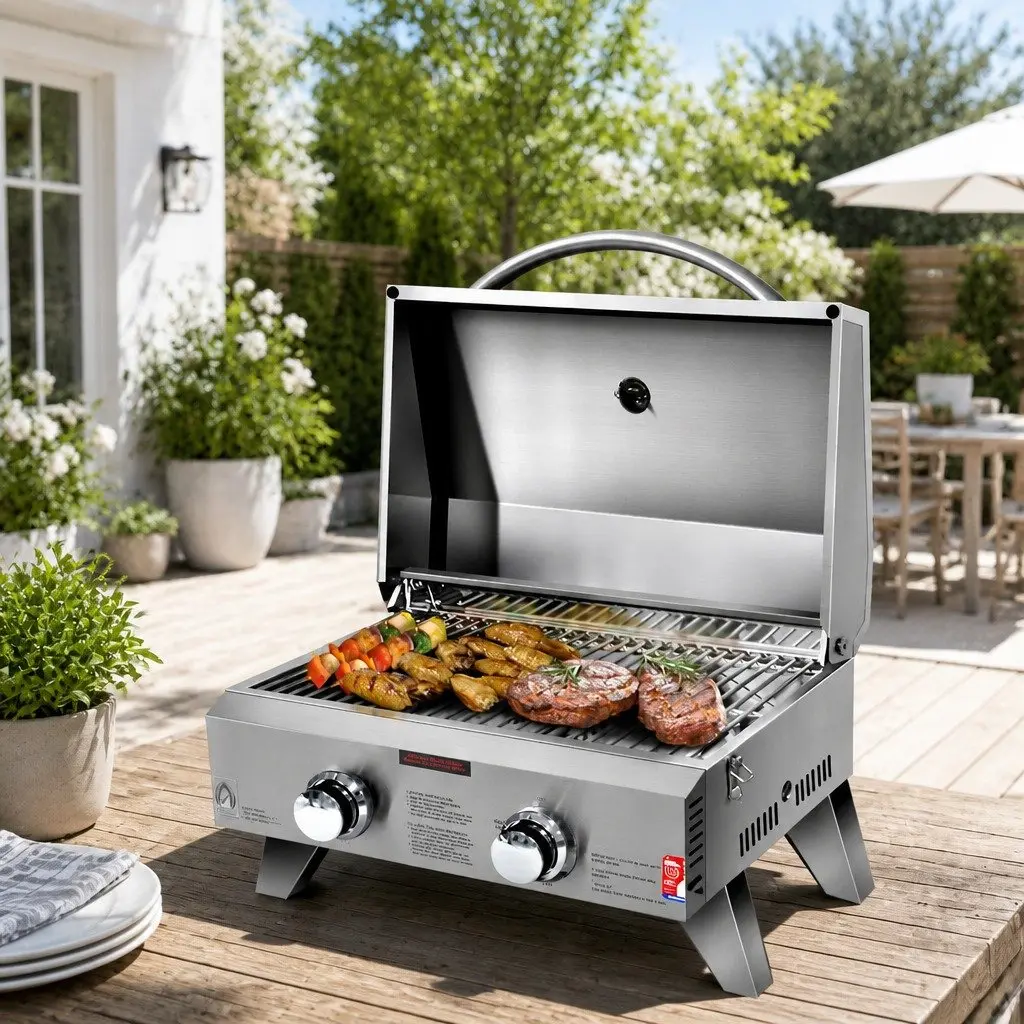 Portable Gas BBQ Grill 2 Burners Stainless Steel Foldable Cooking Outdoor Garden
