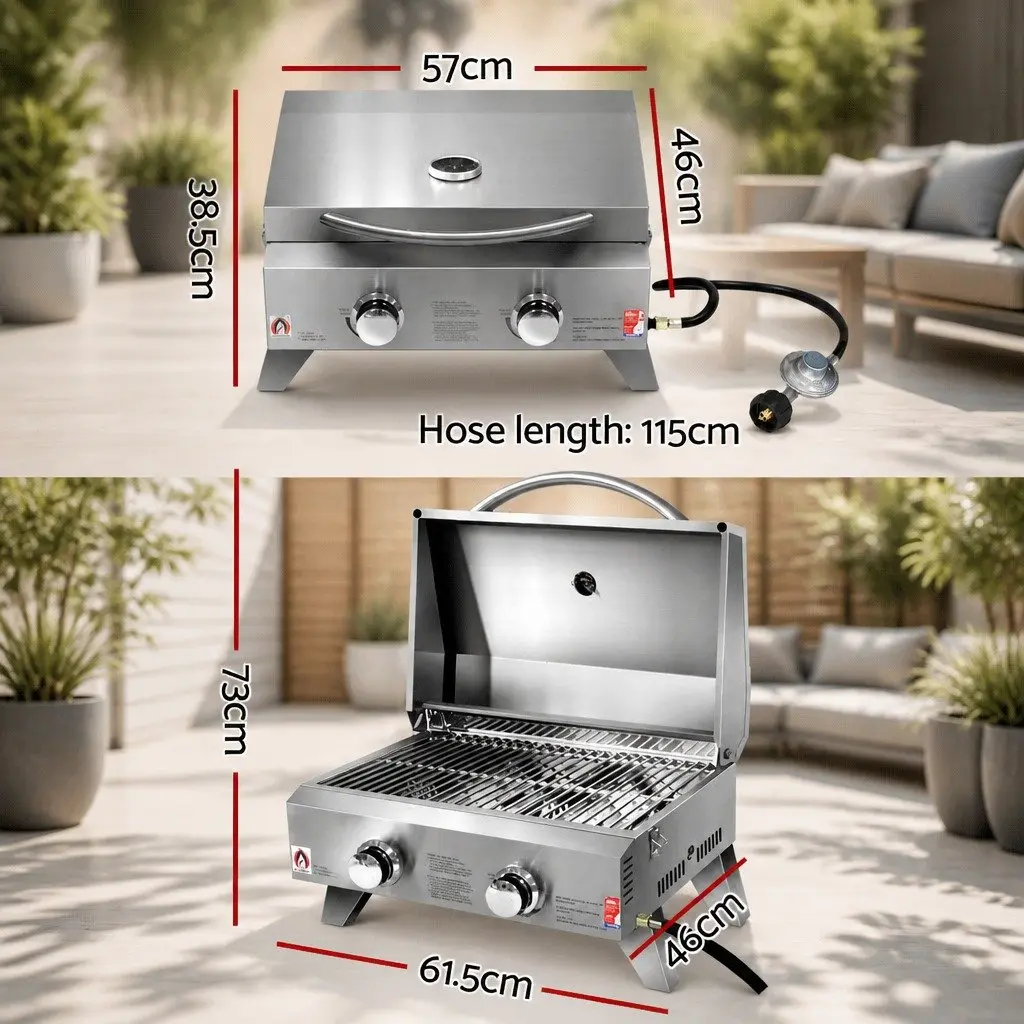 Portable Gas BBQ Grill 2 Burners Stainless Steel Foldable Cooking Outdoor Garden