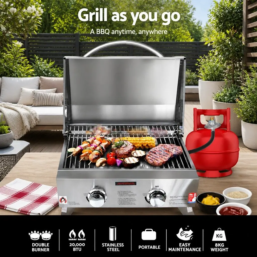Portable Gas BBQ Grill 2 Burners Stainless Steel Foldable Cooking Outdoor Garden