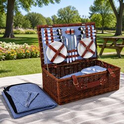 Friendly 4 Person Picnic Basket Set with Cooler and Dining Essentials