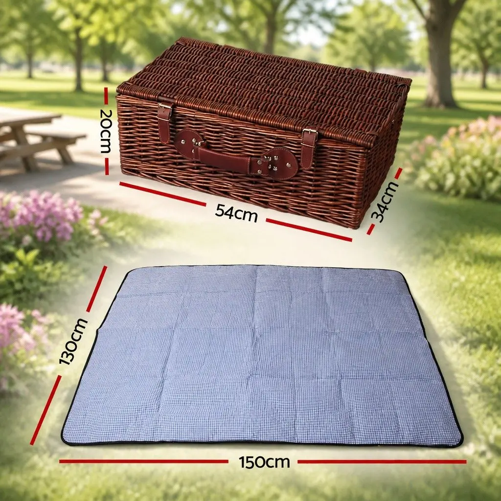 4 Person Picnic Basket Set Insulated Cooler Bag Wicker with Faux Leather Accents and Cotton Linen Lining