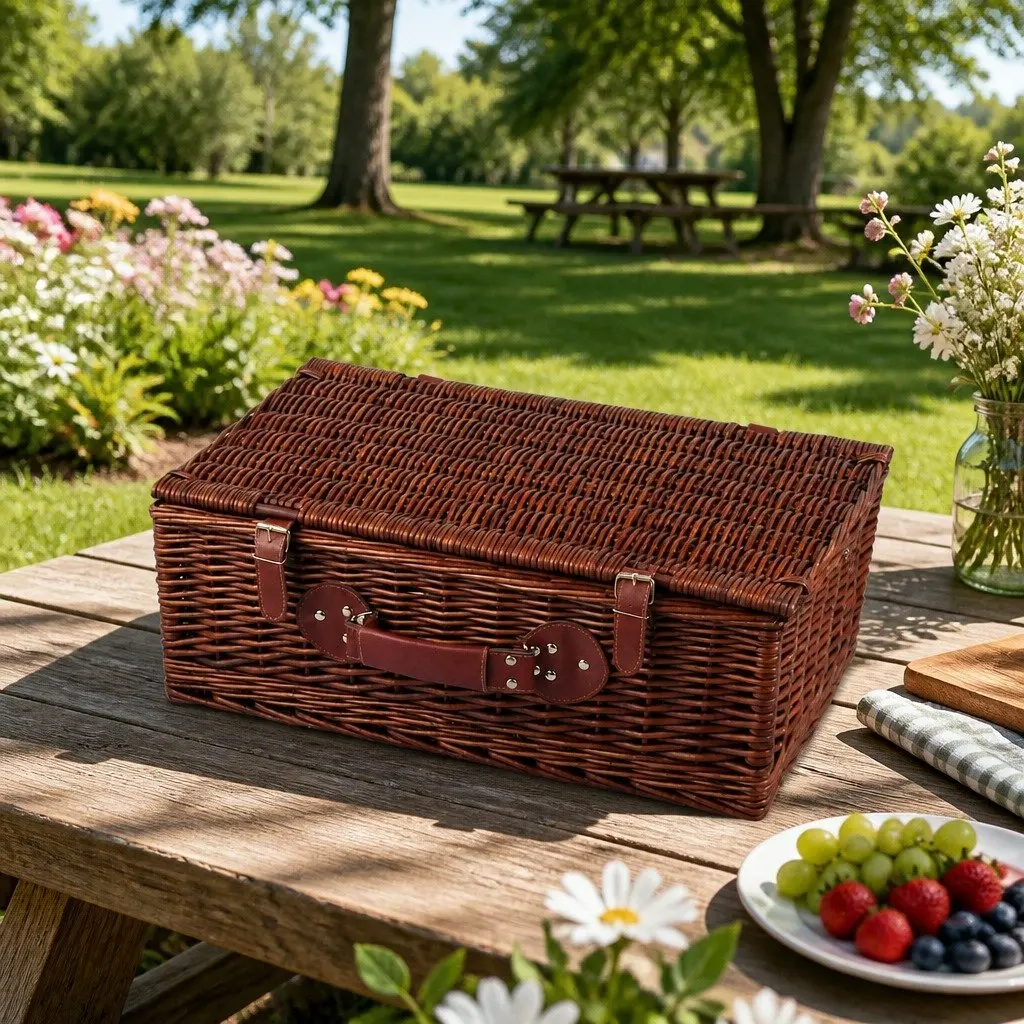 4 Person Picnic Basket Set Insulated Cooler Bag Wicker with Faux Leather Accents and Cotton Linen Lining
