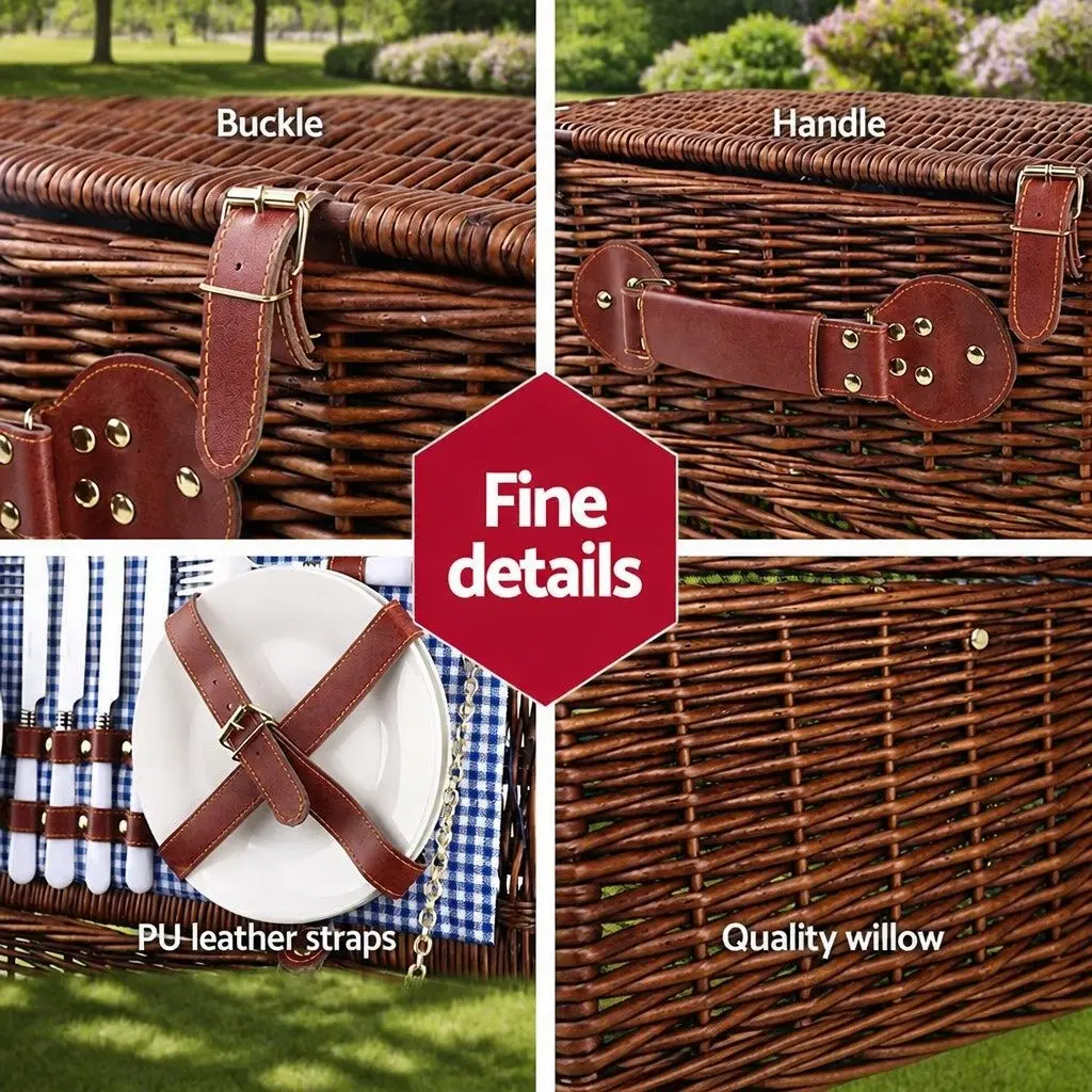 4 Person Picnic Basket Set Insulated Cooler Bag Wicker with Faux Leather Accents and Cotton Linen Lining