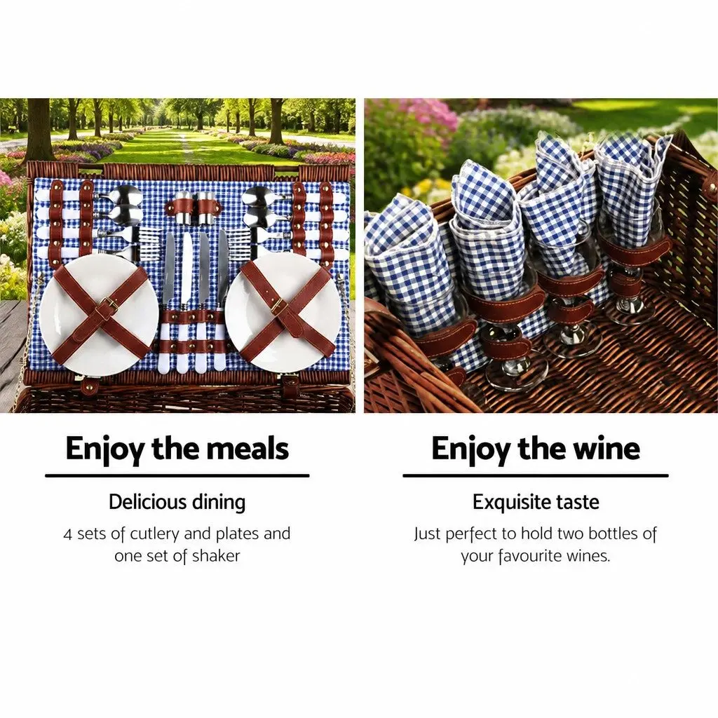 4 Person Picnic Basket Set Insulated Cooler Bag Wicker with Faux Leather Accents and Cotton Linen Lining