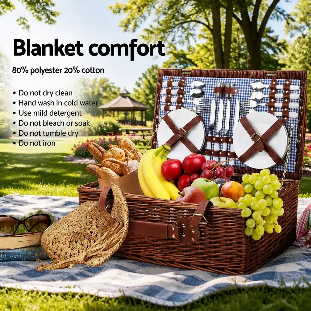 4 Person Picnic Basket Set Insulated Cooler Bag Wicker with Faux Leather Accents and Cotton Linen Lining