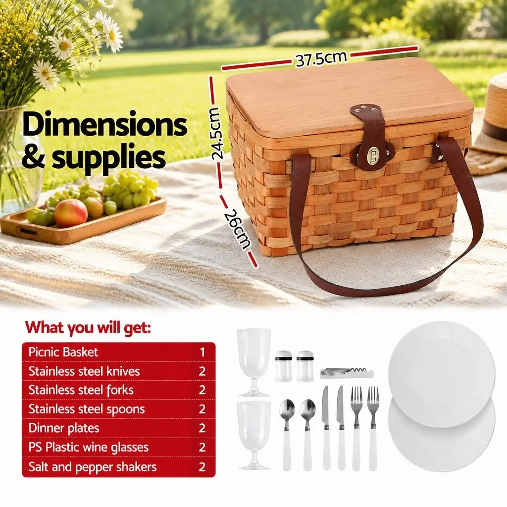 Picnic Basket Set 2 Person Willow Cooler Bag with Plates Cutlery Accessories