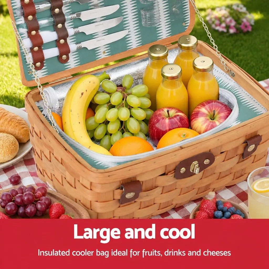 Picnic Basket Set 2 Person Willow Cooler Bag with Plates Cutlery Accessories