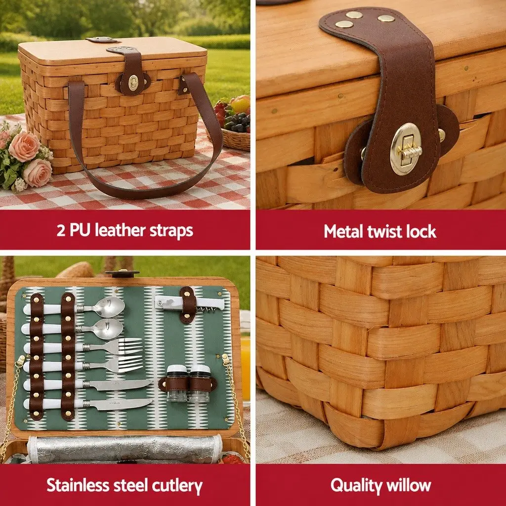 Picnic Basket Set 2 Person Willow Cooler Bag with Plates Cutlery Accessories