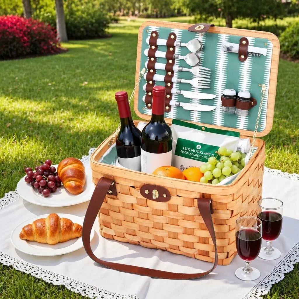 Picnic Basket Set 2 Person Willow Cooler Bag with Plates Cutlery Accessories