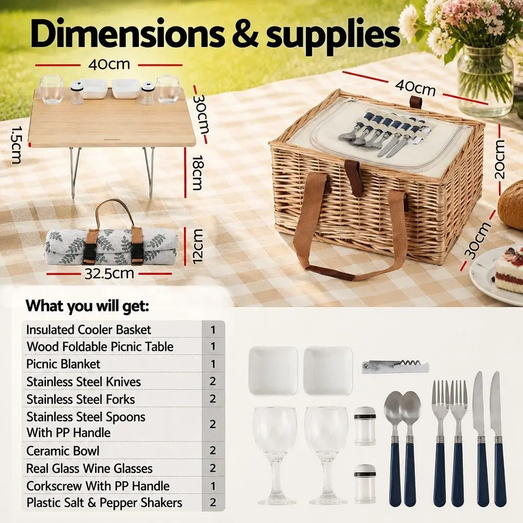 Picnic Basket Set Willow Woven for 2 Person with Wood Table Blanket Cooler