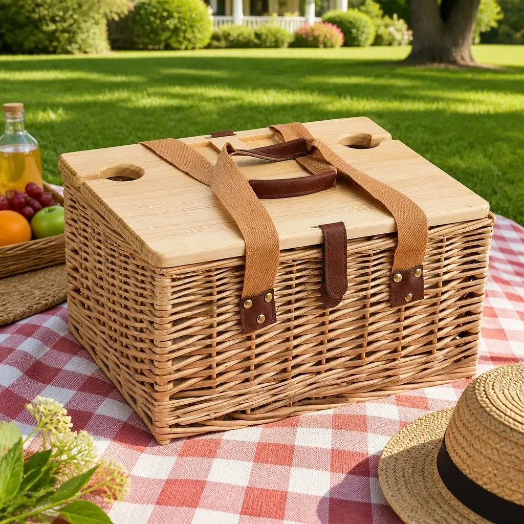 Picnic Basket Set Willow Woven for 2 Person with Wood Table Blanket Cooler