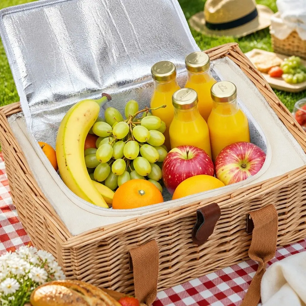 Picnic Basket Set Willow Woven for 2 Person with Wood Table Blanket Cooler